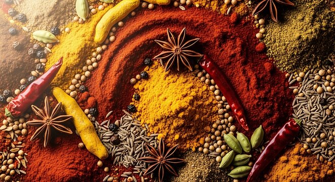 Vibrant assortment of exotic spices and herbs in close up - Powered by Adobe