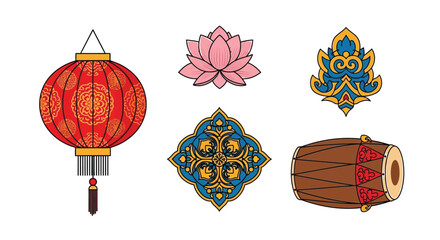 Vibrant collection of cultural symbols including a lantern, lotus flower, and traditional drum