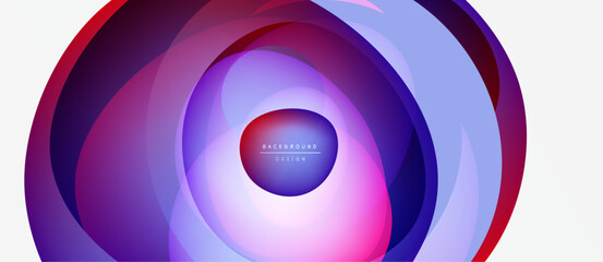 Abstract colorful layers create dynamic circular design. Gradient shades blend, forming modern visual effect. Center text reads background design.