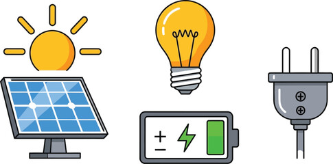 Bright idea for sustainable energy with solar power, battery storage, and electrical connection.
