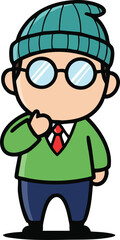 Fototapeta premium Pixel Art Character Wearing A Teal Beanie And Green V-Neck Sweater With A Red Tie And Round Glasses