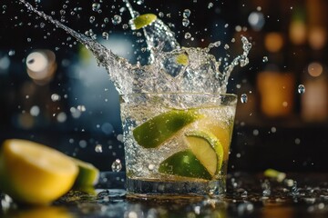 A vibrant cocktail shot with a splash of lime juice and a splash of soda water, served in a tall glass with ice cubes.