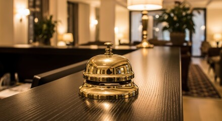 Elegant Golden Hotel Reception Bell on Dark Wooden Counter in Luxurious Lobby