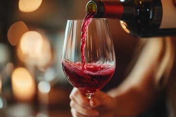 A person pouring red wine into a glass, with a blurred background of warm lights.