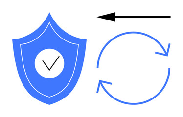 Cybersecurity concept. A shield with a checkmark and circular arrows security, data protection, and smooth system updates. Cybersecurity for networks, software, and data storage. Perfect for tech