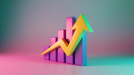 3D Stylized Bar Graph with Upward Yellow Arrow – Futuristic Growth and Success Visualization in Neon Glow