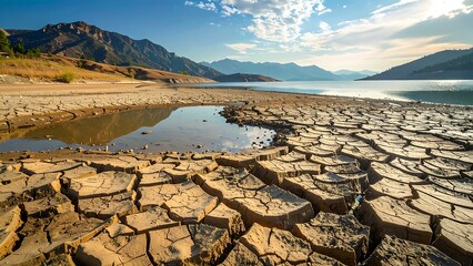 A wide shot of a parched landscape with cracked earth and a small puddle next to a large body of water, under a partly cloudy sky with mountains in the background, depicting severe drought conditions.