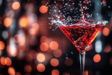 A vibrant red cocktail is served in a martini glass, with a splash of liquid creating a dynamic visual effect against the blurred background of warm, out-of-focus lights.