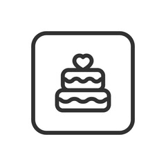 Romance, Wedding Cake line icon – elegant wedding cake outline with heart or rings for romantic celebration, marriage UI design