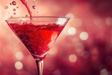 A vibrant red cocktail is being poured into a martini glass against a backdrop of bokeh lights, creating a visually striking scene.