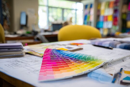 Vibrant color palette fan and architectural plans sit on professional design table, ready for project development.