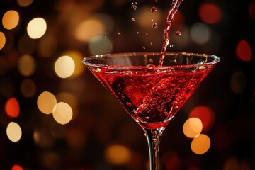 A vibrant red cocktail is being poured into a martini glass, with a blurred background of bokeh lights creating a festive atmosphere.