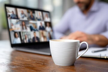 Professional man attending remote online video meeting, focus on coffee cup and multiple diverse faces on laptop screen.