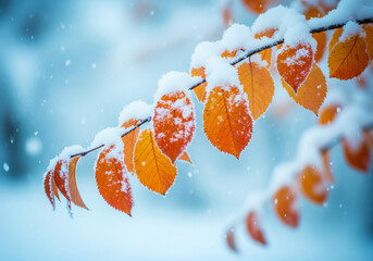 Stunning snow covered branches with vibrant orange leaves creating a magical winter nature scene for holiday cards
