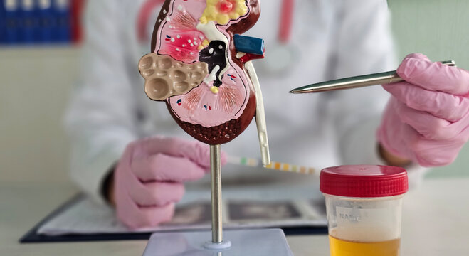 Educational model of human body of kidney in hands of doctor concept