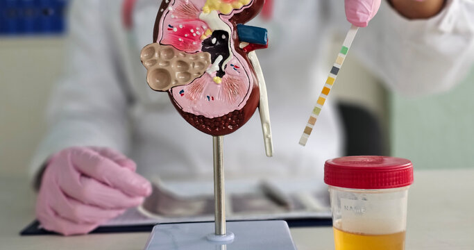 Medical scientist holding PH test with urine sample concept
