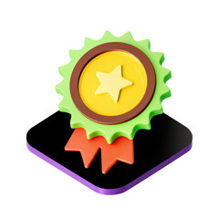 Colorful award badge with star and ribbon on black platform, symbolizing achievement and recognition in playful style