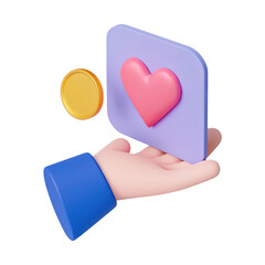 Hand holding pink heart icon and gold coin symbolizing charity and support with soft colors and smooth shapes