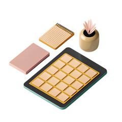Minimalist workspace with tablet featuring grid layout, notepad, sticky notes, and small decorative plant for productivity