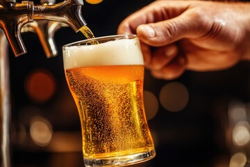 A hand holding a glass of beer being poured from a tap into a glass.