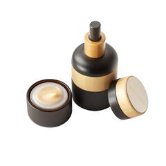 Natural skincare cream and serum bottle with wooden accents, elegant cosmetic containers for beauty care routine