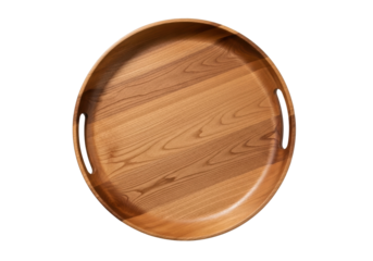 Isolated rustic round wooden serving tray with handles, handcrafted food serving platter