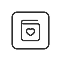 Romance, Wedding Book line icon – open book with heart outline for love story, romantic memoir, wedding journal UI
