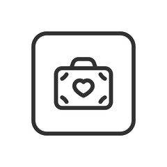 Romance, Wedding Suitcase line icon – elegant suitcase with heart and travel tags outline for honeymoon trip, romantic getaway, wedding journey UI