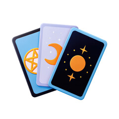 Tarot card trio with mystical symbols including star, crescent moon, and sun, colorful and magical design