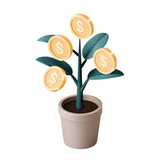 Money tree plant with golden coin leaves in pot symbolizing finance growth and investment success