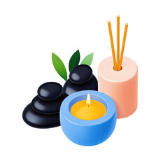 Aromatherapy setup with lit candle in blue holder, black massage stones, green leaves, and reed diffuser sticks for relaxation