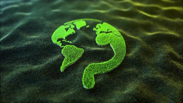 Green Earth continents shaped like a question mark on a dark textured surface, representing global environmental concerns and queries.