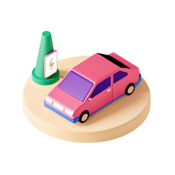 Electric car charging station green cone pink vehicle purple window 3d illustration eco friendly sustainable transport clean