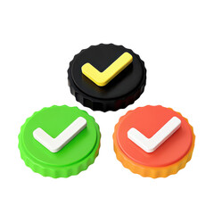 Checkmark badges green, black, and orange colors with white and yellow check symbols, representing approval and confirmation
