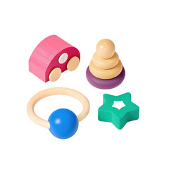 Wooden baby toys set with colorful shapes including pink car, stacking rings, blue ball ring, and green star, playful