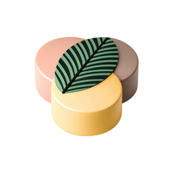 Three pastel colored round podiums with green striped leaf on top, creating modern and natural minimalist design