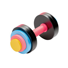 Colorful dumbbell with black, blue, pink, and yellow weight plates isolated transparency background, vibrant fitness equipment
