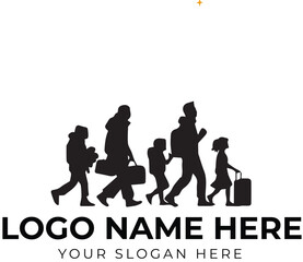 Family travel logo vector with walking silhouettes and luggage for tourism, migration, or journey branding