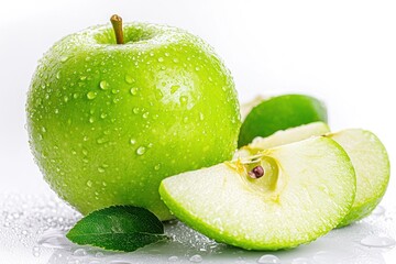 A vibrant green apple with a shiny, wet surface, resting on a white surface with water droplets scattered around it. The apple is partially sliced, revealing its white interior.