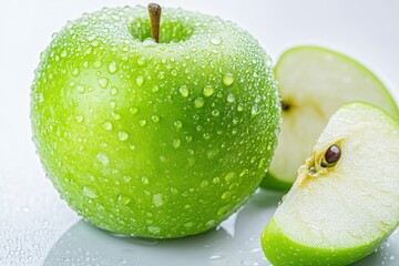 A vibrant green apple with water droplets on its surface, set against a white background.