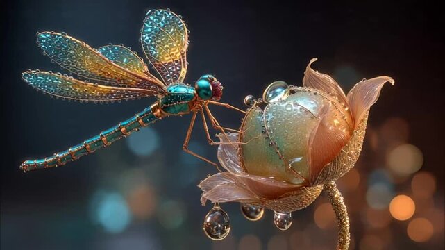 Sparkling dragonfly perched on a flower bud with water droplets, creating a magical and ethereal scene.