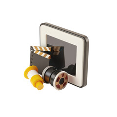 Film camera lens, clapperboard, and photo frame icon 3D style, symbolizing photography and filmmaking concepts with warm colors