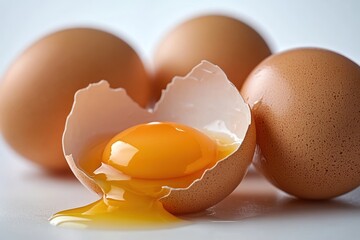 A close-up shot of a brown egg being cracked open, revealing its yellow yolk and white albumen. The egg is placed on a white surface, with a blurred background of brown eggshells.