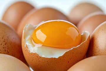 A close-up of a brown egg with a bright yellow yolk nestled in a cracked shell, set against a blurred background of other eggs.