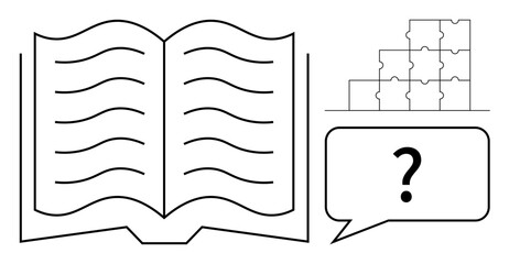 Knowledge concept. Open book, speech bubble, and puzzle pieces problem-solving skills, communication, and decision-making processes. For education, communication, learning materials problem-solving