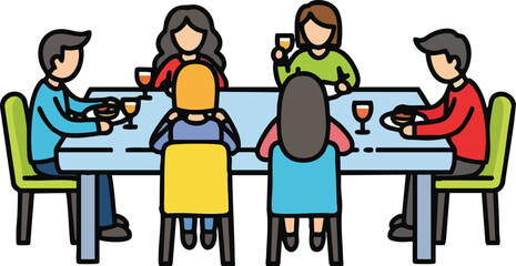 Group of people enjoying a meal and drinks around a long table indoors cartoon style