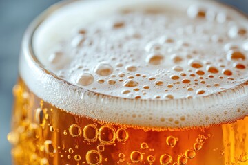 A close-up shot of a glass of beer with a frothy head and bubbles rising to the top.