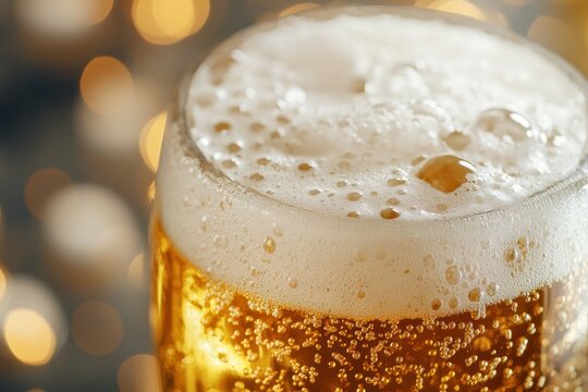 A close-up shot of a glass of beer with a frothy head and bubbles rising to the top.