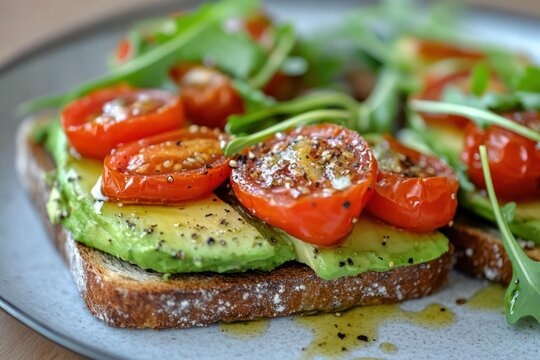 A plate of avocado toast topped with cherry tomatoes, fresh greens, and a drizzle of olive oil.