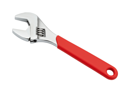 Isolated adjustable wrench, hand tool with red handle for repair work, metal spanner